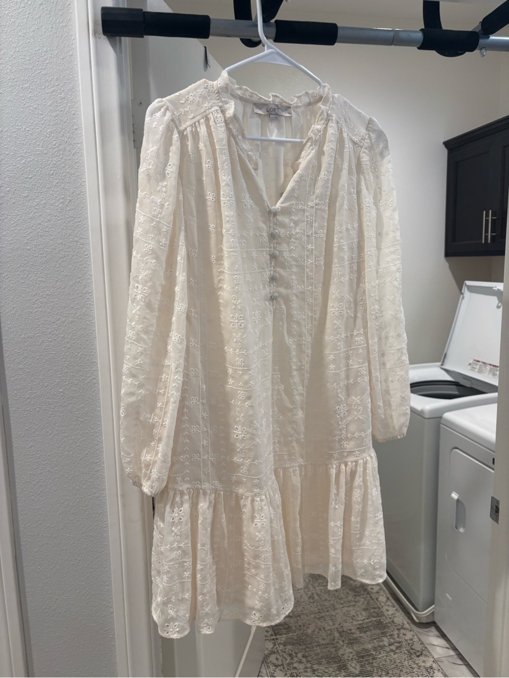 LOFT Petites Ivory Embroidered Tie Neck Dress LP